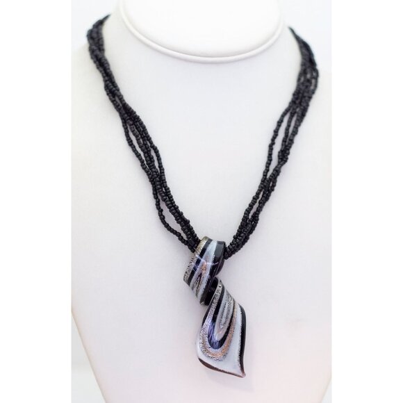 18 inch, Vintage Abstract Tie Black Beads Glass Necklace - V26 - Picture 2 of 3